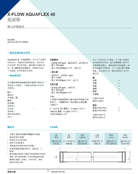 濱特爾Pentair AQUAFLEX 40超濾膜技術(shù)參數(shù)表